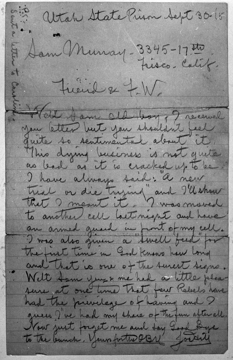 Reprofoto av brev som Joe Hill (Joel Hägglund) skrivit, 30 september 1915.