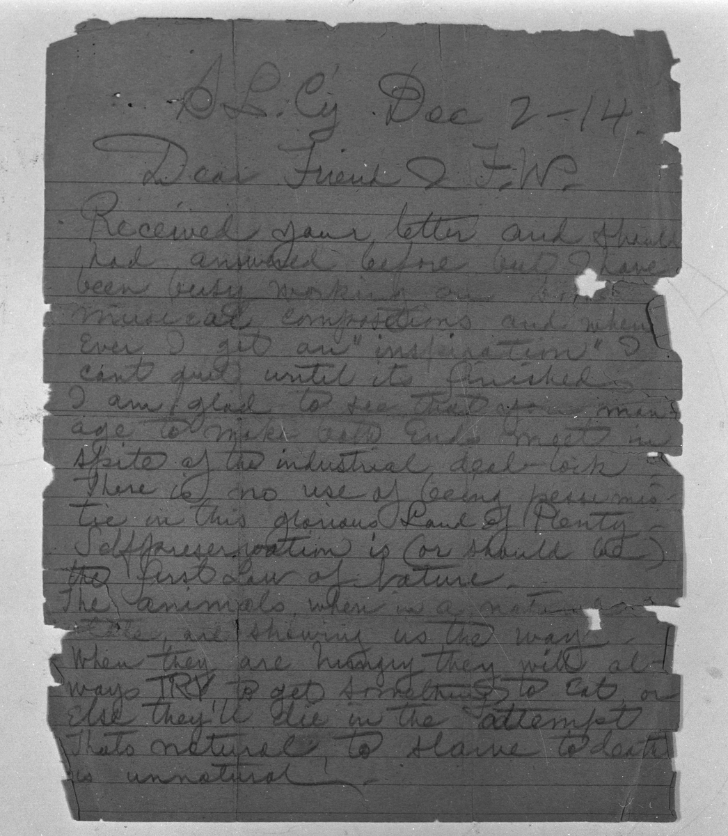 Reprofoto av brev som Joe Hill (Joel Hägglund) skrivit, 2 december 1914.