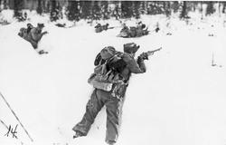 Menn, uniform, gevær. naturforhold. 
Lag gruppert i forsvar