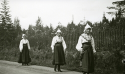 Tre svenske kvinner i bunad gående etter hverandre langs vei