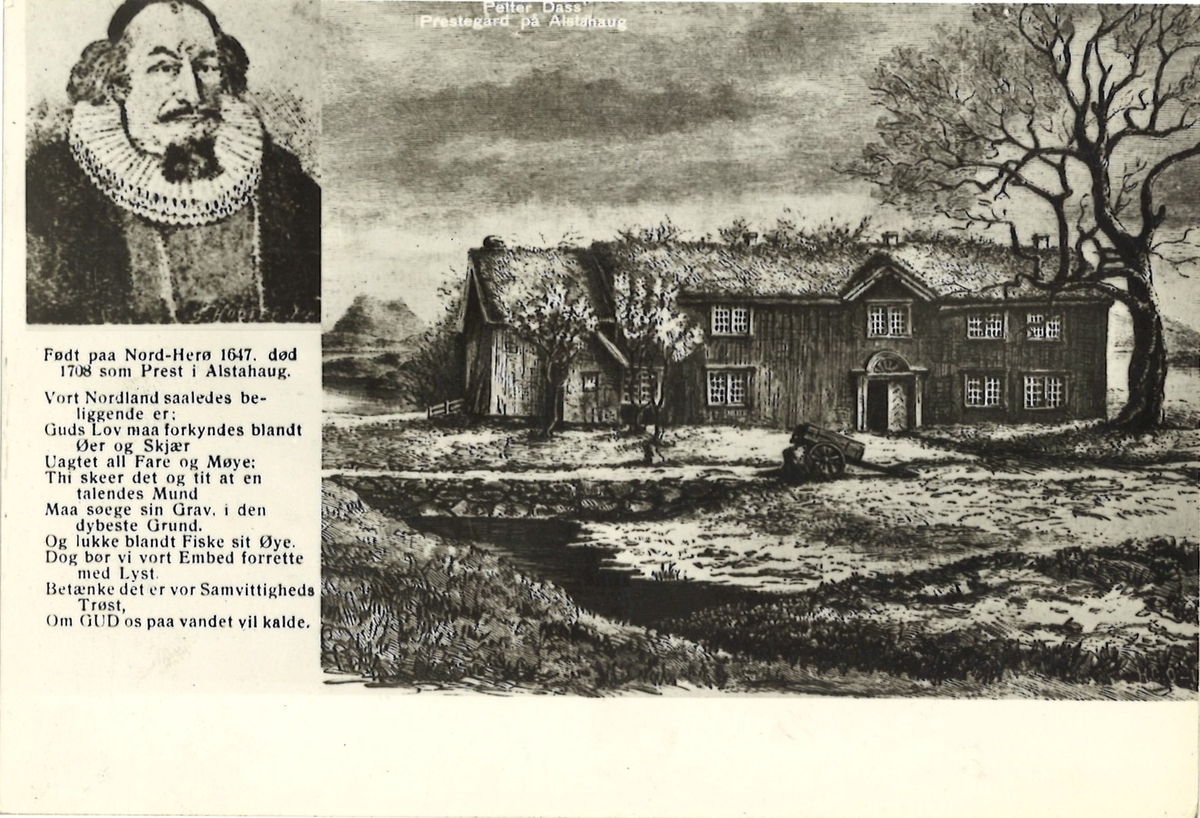 Svart/hvitt collage, bestående av tegning av prestegården (av A. Møller-Gasmann), og portrett av Petter Dass, samt tekst.