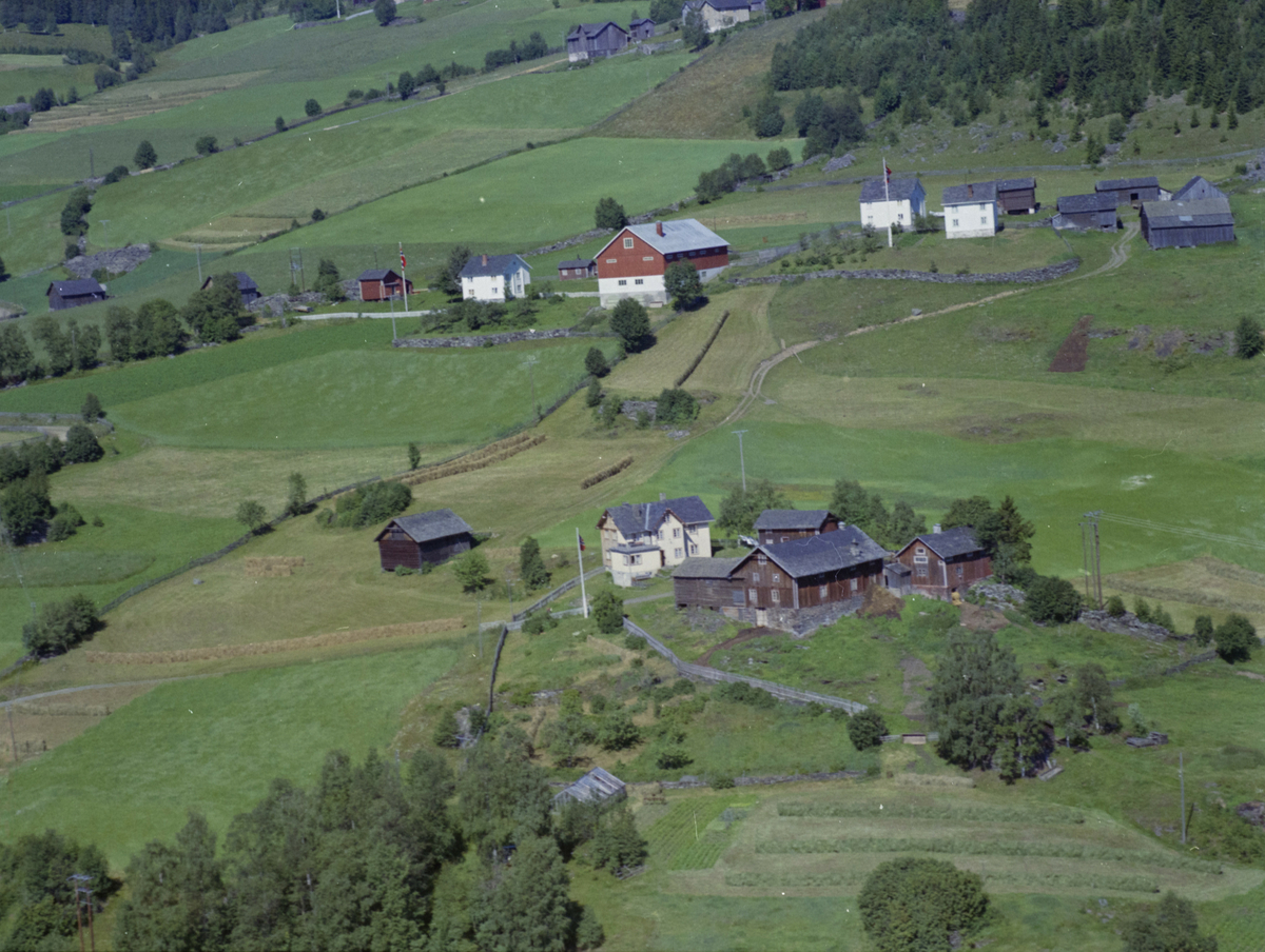 Øyer, Tretten, Holsbakken og Holen fremst med Offigstad bak. Kulturlandskap, bygninger, gårdsbruk, skog.