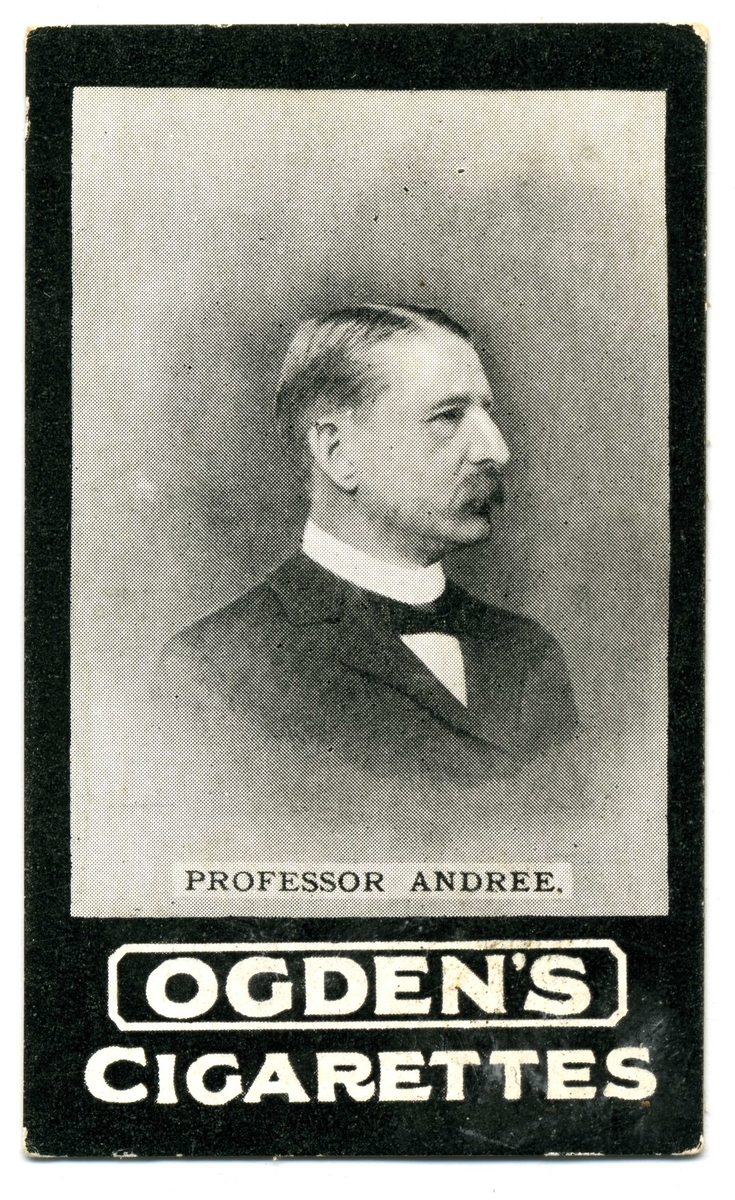 Profilbild av "Professor Andree" med reklam för Ogden's Cigarette. Kort nr 18 av 150 i serien "General interest".