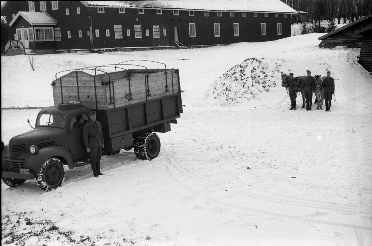 Hestetransport med lastebil ved Hærens Hesteskole på Starum oktober 1948. Serie på 18 bilder.