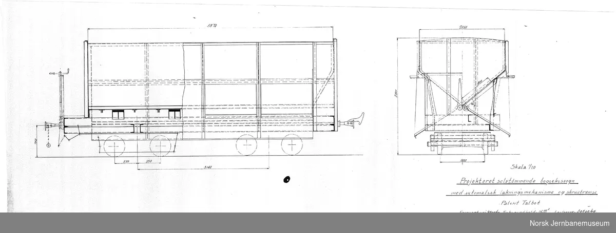 Prosjekteret selvtømmende bogiekisvogn med automatisk lukningsmekanisme og skruebr.
Patens Talbot
Sporvidde 1000 mm
Antakelig for Salangsverket