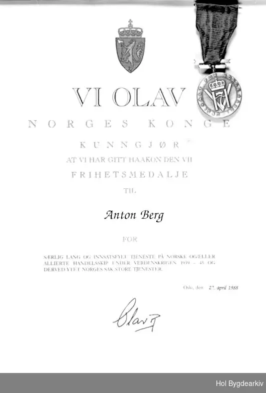 Diplom, Frihetsmedalje, Anton Berg,