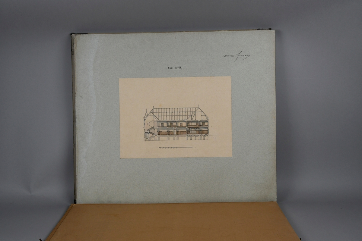 Mappe med konkurransetegninger til posthus i Bergen.