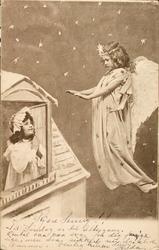 Postkort fotografisk, motiv barn, pike og engel. Poststemple