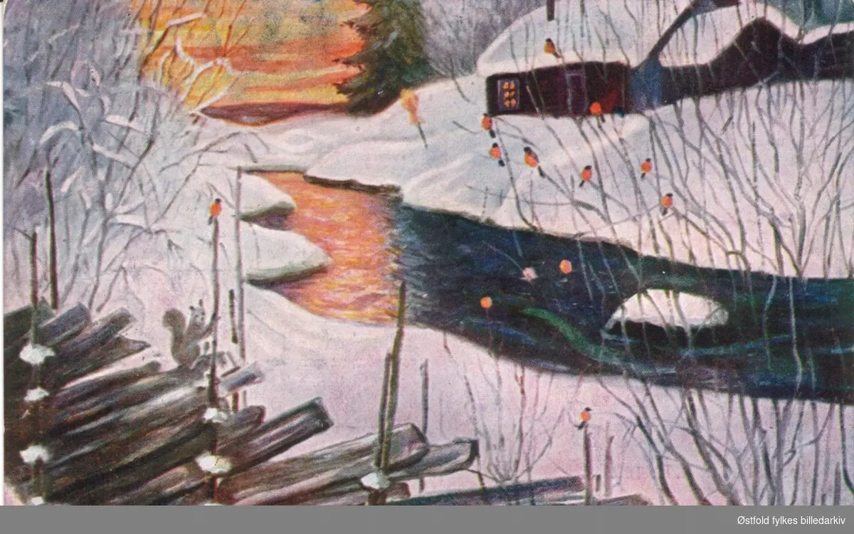Julekort. Tegning. Vinterlandskap med elv og dompap. Poststempla 1919.
