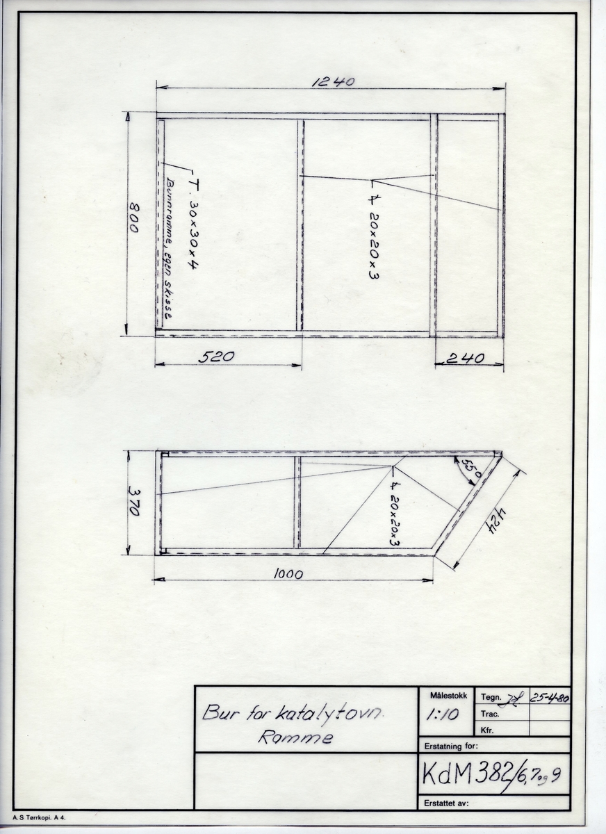 Håndtegnet arbeidstegning til ramme til bur for katalytovn. Utarbeidet på Krossen i 1980.Tegningsnummer KdM 382/1/6,7 og 9.