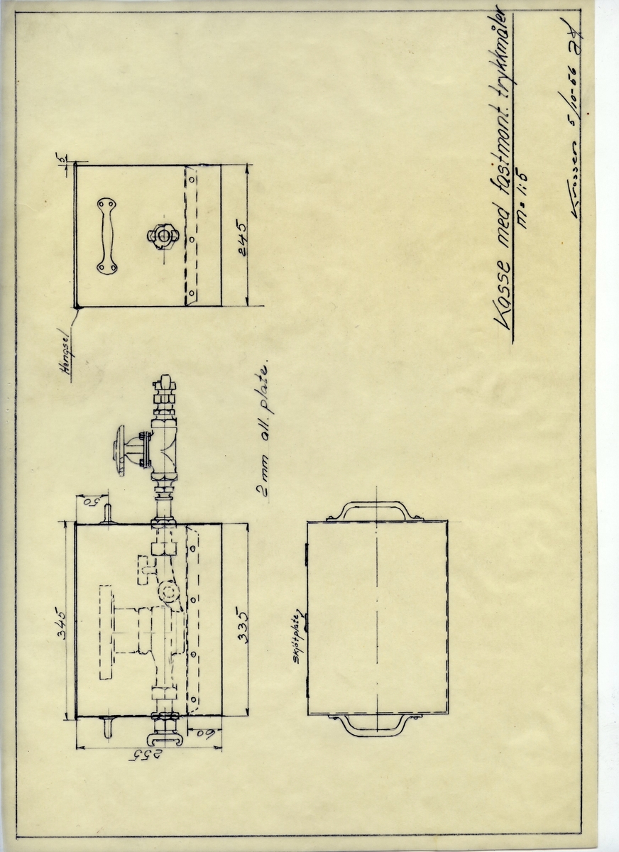 Håndtegnet arbeidstegning kasse for fastmontert trykkmåler. Utarbeidet ved Krossen i 1956.