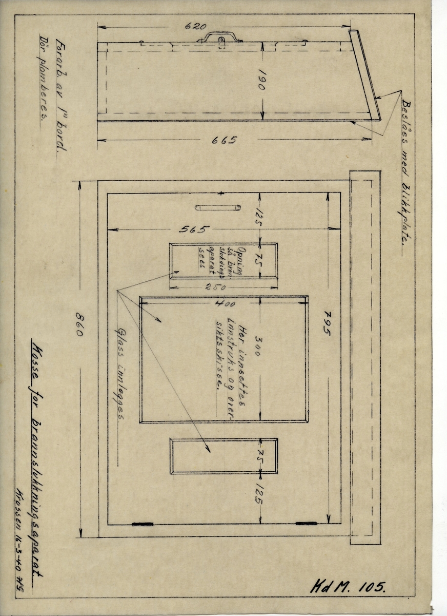 Håndtegnet arbeidstegning til kasse for brannslukkingsapparat. Opprinnelig tegningsnummer 105. Utarbeidet på Krossen i 1940.