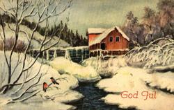 Julekort. Jule- og nyttårshilsen. Vintermotiv. Landskap. Hus