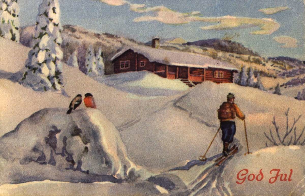 Julekort. Jule- og nyttårshilsen. Vintermotiv. Landskap Hytte. Skiløper. Fugler. Stemplet 18.12.1940.