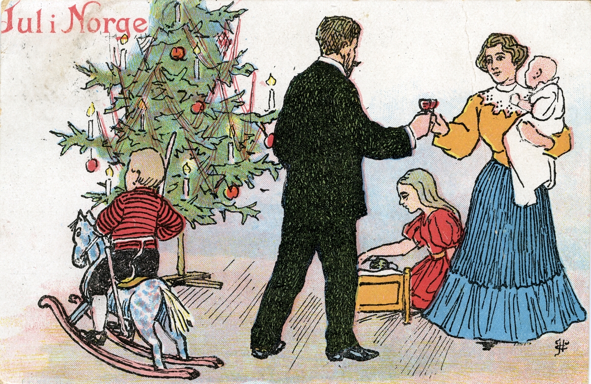 Julekort. Familie ved juletreet. Mor, med spebarn på armen, og far skåler, sønn og datter leker med gyngehest og dukkeseng. Stemplet 16.12.1907.