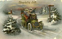 Julekort. Vinterlandskap. Tre jenter og en gutt kjører åpen 