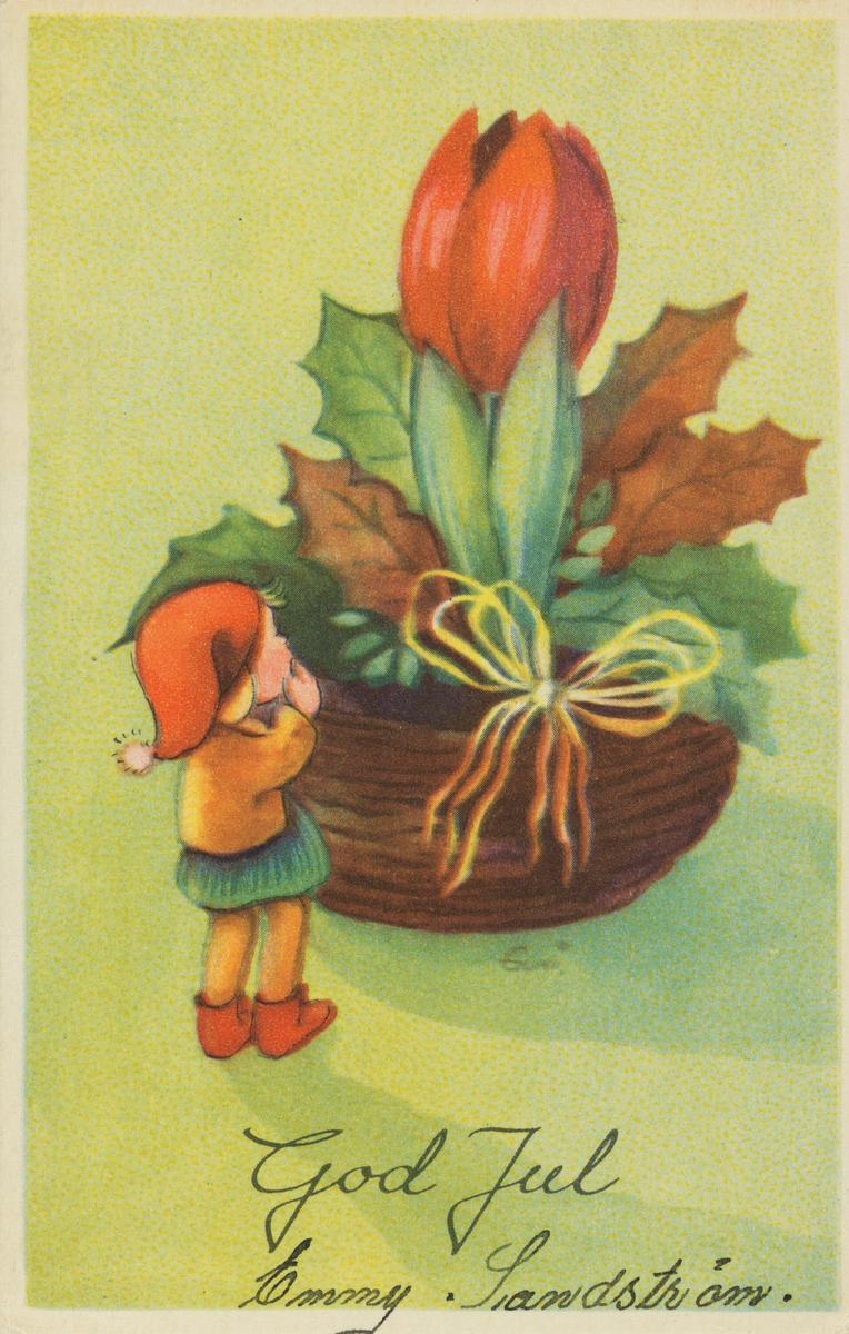 Postkort. Julehilsen. Vintermotiv.  En liten jente med nisselue beundrer en blomsterdekorasjon med rød tulipan. Stemplet 21.12.1948.