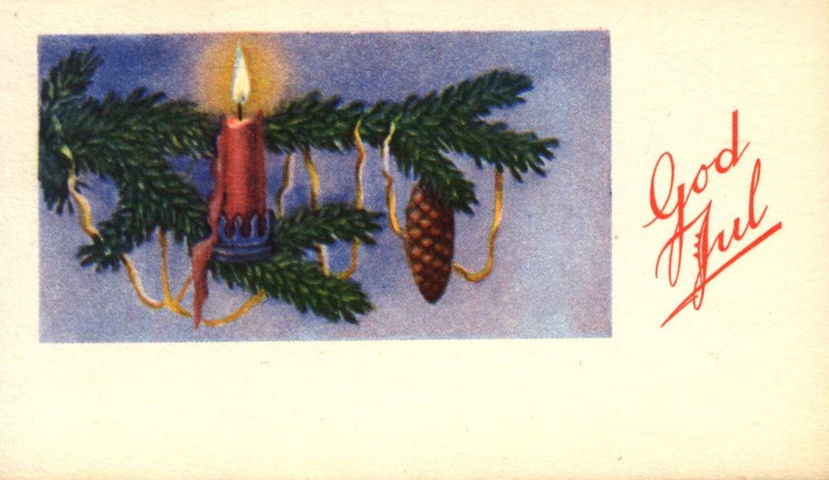 Julekort. Julehilsen. Juledekorasjon med stearinlys.
