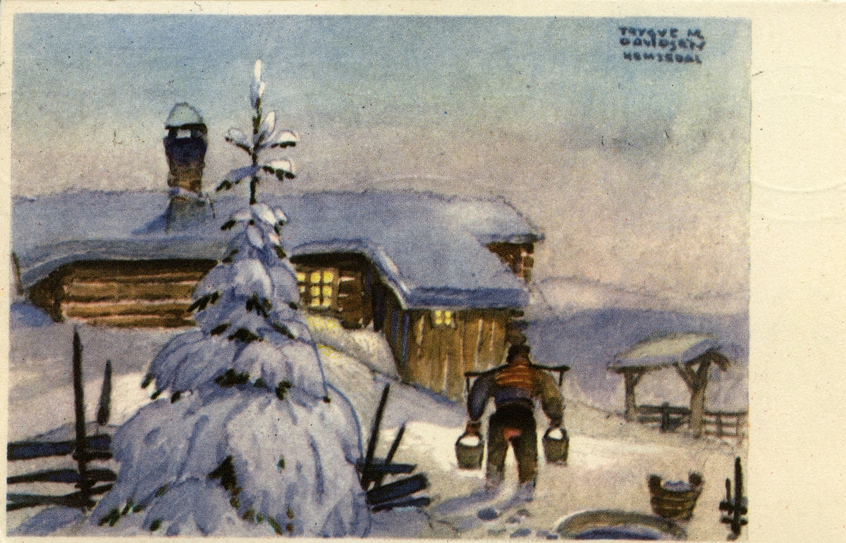 Julekort. Jule- og nyttårshilsen. Mann bærer vann inn til en hytte. Kunstner Trygve M. Davidsen. Stemplet 23.12.1949.