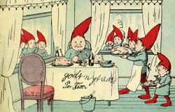 Julekort. Jule- og nyttårshilsen. Tegning. En nisse sitter t