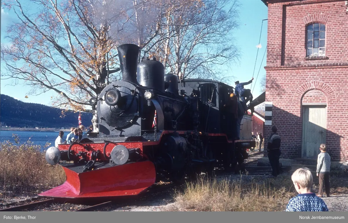 Krøderen stasjon med damplokomotiv type 21b nr. 252 som tar vann
