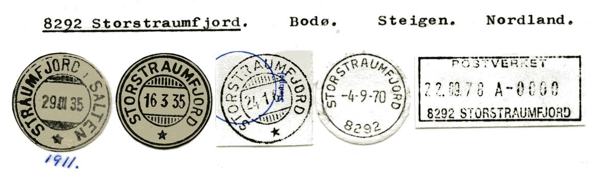 Stempelkatalog  8292 Storstraumfjord, Steigen kommune, Nordland
(Straumfjord i Salten)