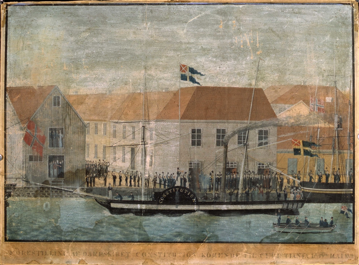 En fantasifull framstilling av hjulbåten "Constitutionen"s ankomst til Tollbubryggen. På bryggen står en del mennesker og vifter med hattene. Marg rundt bildet, bredest nederst. 