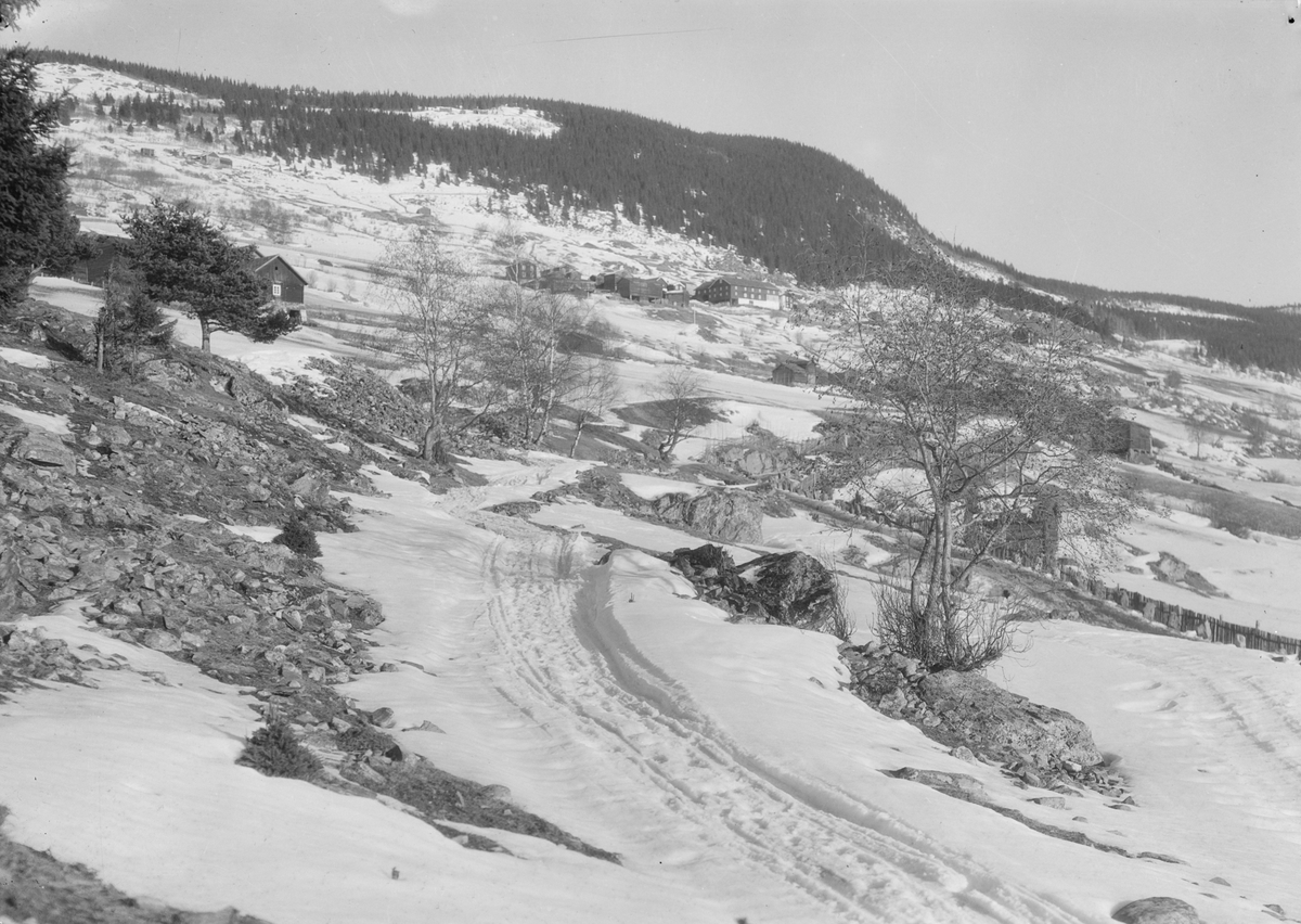 Ringebu. Vekkom sett fra Gamle Vekkomsveien om vinteren med Søre og nordre Hauge eller Høye midt i bildet. Hus på Vålen skimtes til venstre og i bakken til venstre ligger Gilleberg.