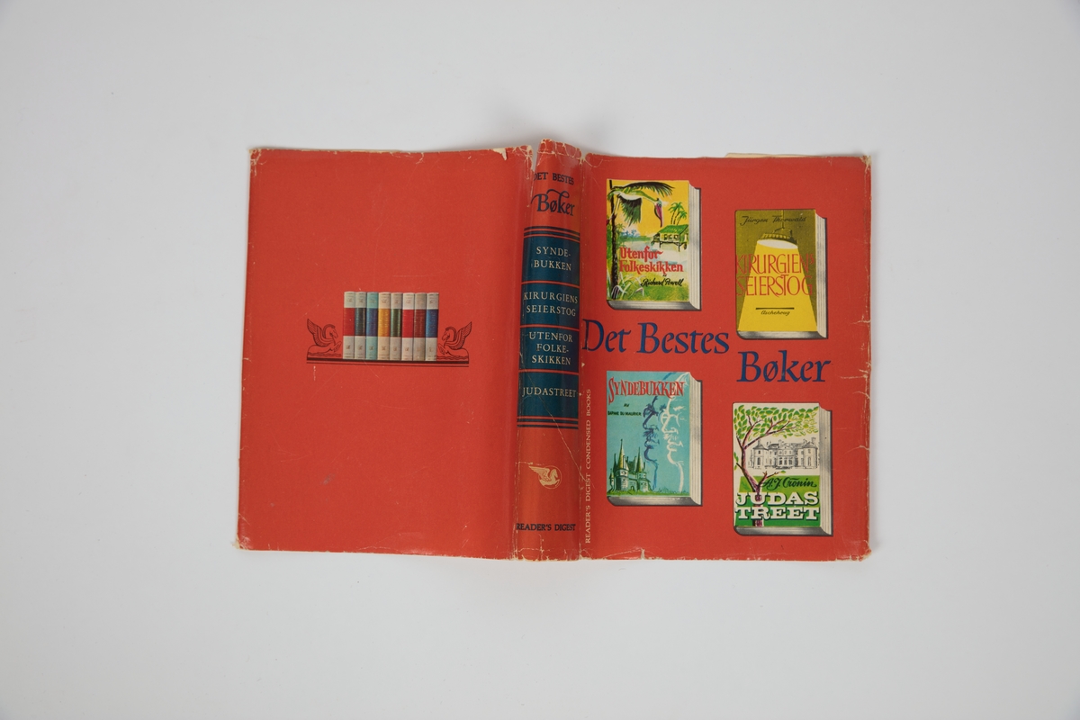 Rødt bokomslag til en samlingsbok med fire bøker i èn, fra "Det bestes bøker. "Syndebukken", "Kirurgiens seierstog", "Utenfor Folkeskikken", "Judastreet".
