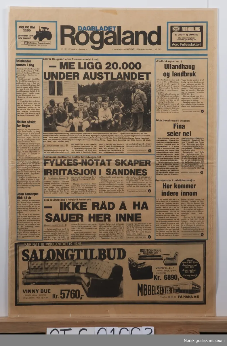 Forside av Dagbladet Rogaland onsdag 1. juli 1981.