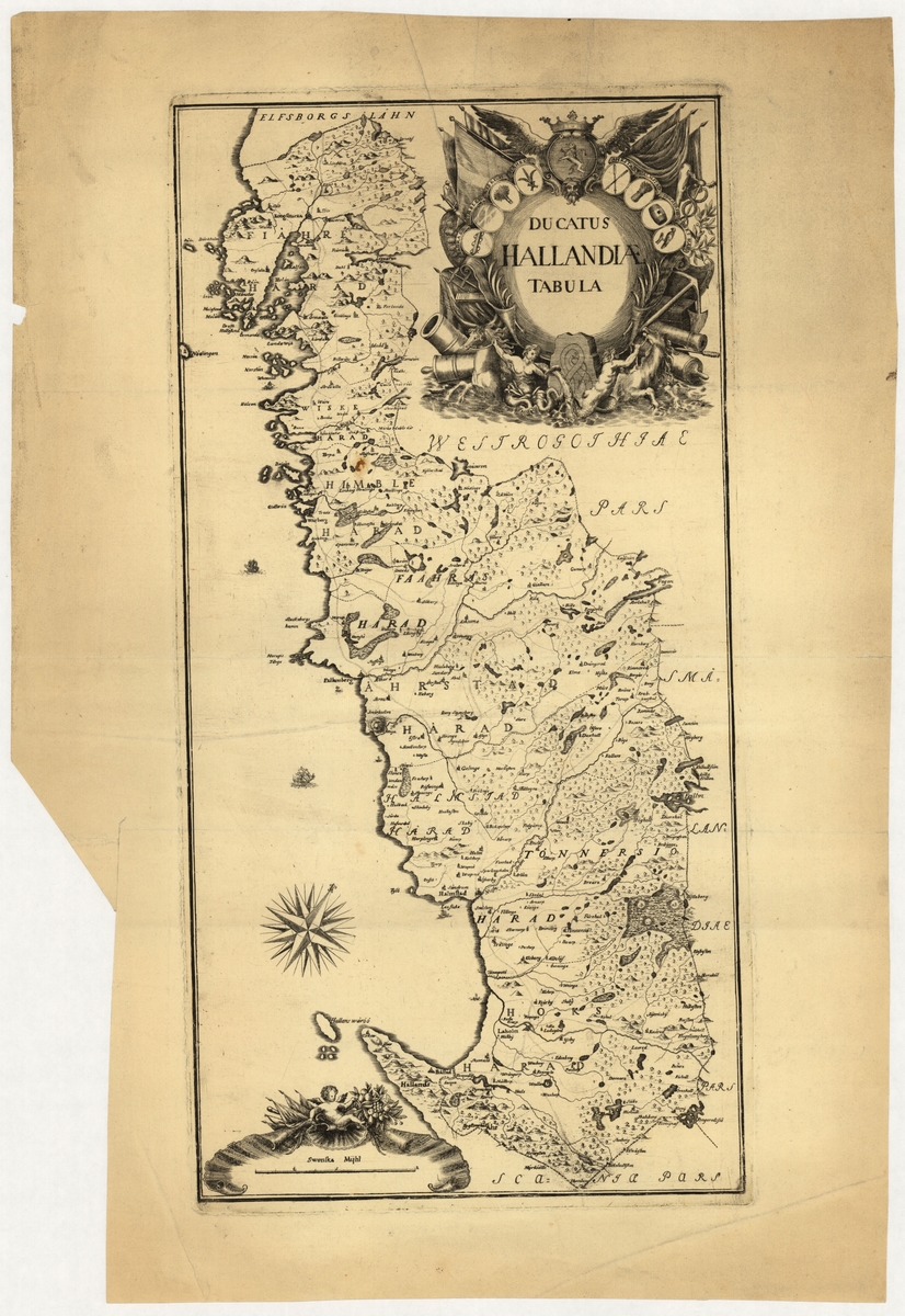 Karta över Halland, äldre. Invid titeln avbildas flaggor,kanoner, sjöhästar m m.