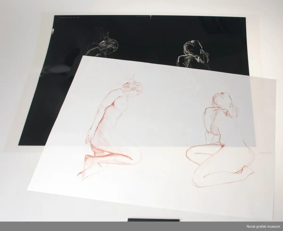 Reproduksjon av grafisk trykk av Roy Albrigtsen utført med rasterfilmteknikk. Inkluderer forarbeid, film og prøvetrykk.