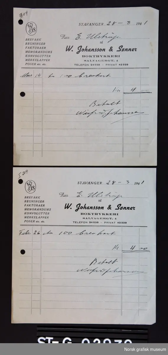 To kvitteringsblanketter datert 28. mars 1941 fra W. Johansson & Sønner boktrykkeri til E. Ulstrup.

ST-G.02979-1 Mars 14 for 100 brevkort kr 4.00
ST-G.02979-2 Febr. 26 for 100 brevkort kr 4.00