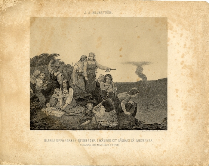 Litografi.
Litografi efter oljemålning "Blenda manar kvinnor i Värend till kamp" ,
av August Malmström (1829-1901).