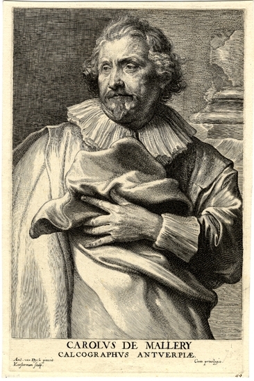 Kopparstick.
"Carolus de Mallery, Calcographus Antverpiae". 
Äldre skäggig man, iklädd barockkläder med mantel. 
Höftbild, halvprofil.
Karel van Mallery (1571-1635)