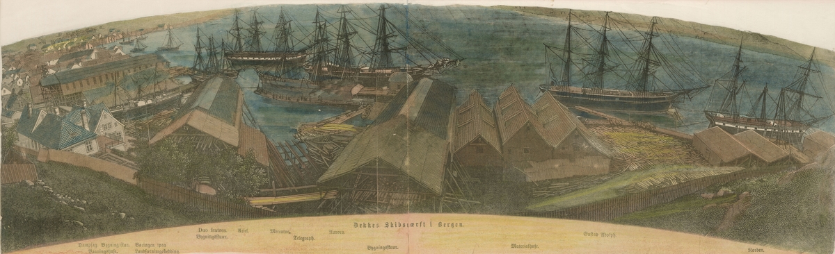 Kolorert tresnitt av Dekkes Skibsværft (Georgernes Verft) i Bergen i 1865. Ser flere seilskip som VØRINGEN, DUO, ARIEL, MERCATOR, GUSTAV ADOLPH, NORDEN og AURORA ved kai, verftsbygningene på land.