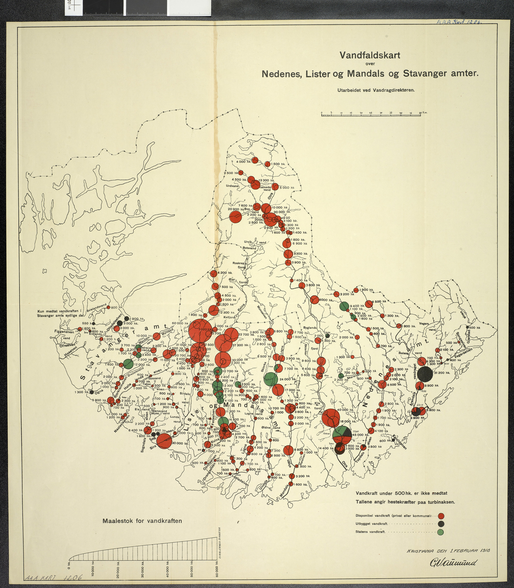 Vandfallskart over Nedenes, Lista og Mandels og Stavanger