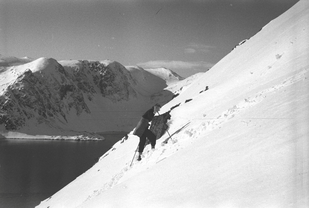 Gjenreisning. Honningsvåg. Solveig Hanche-Olsen på skitur opp Storfjellet. 1946/47.