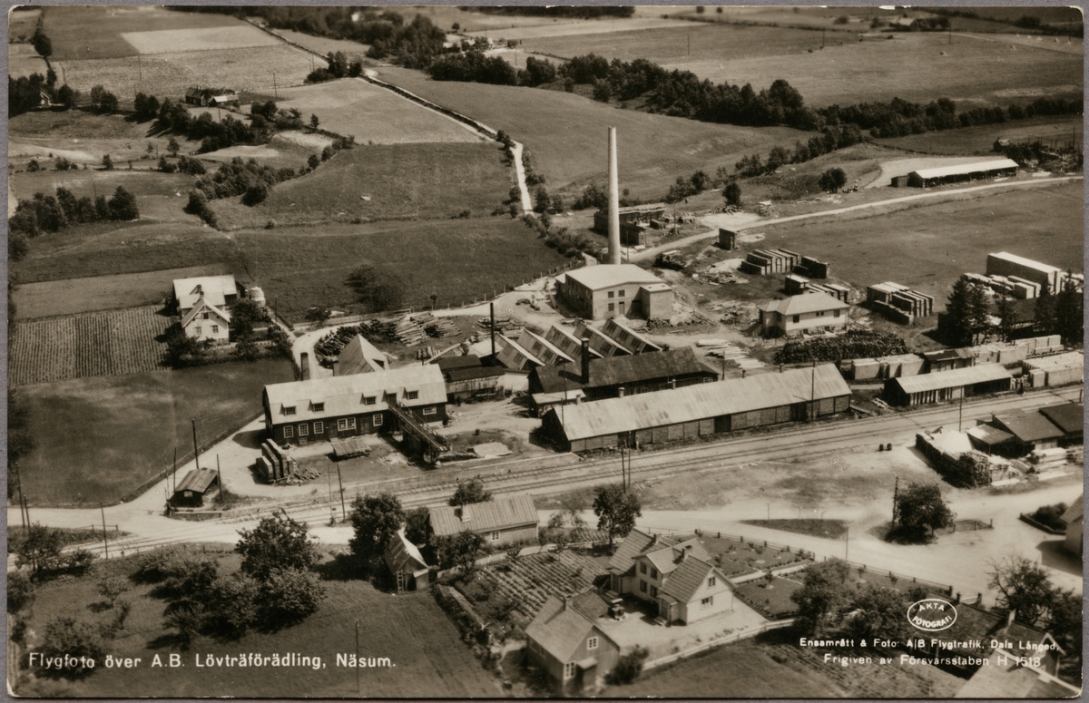 Bild tagen från flygplan över AB Lövträdföräldnings fabrik i Näsum med omgivningar.