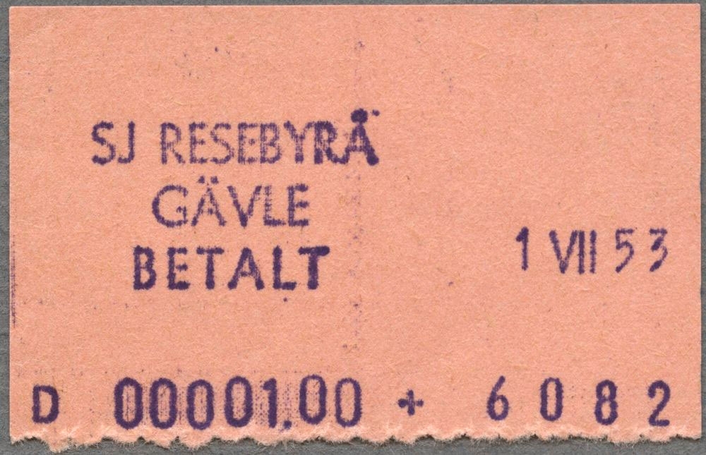 Rosa kvitto med den tryckta texten:
"SJ RESEBYRÅ GÄVLE BETALT
1 VII 53
D 00001.00 + 6082".
Kvittot har en avriven perforerad linje.