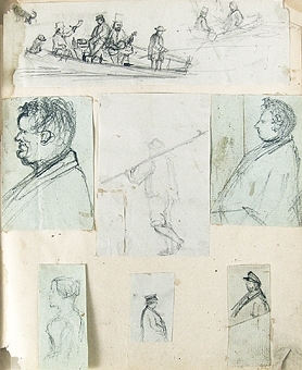 Skissbok med porträtt i blyerts, allt ritat av dir. Emil Mankell, sång- och teckningslärare i Härnösand. På framsidan: Porträttbok.