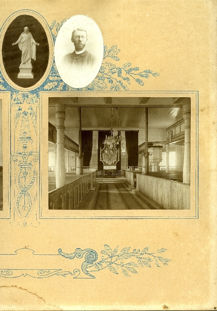 Interiør i Time kyrkje med bilete av sokneprest Realf Ottesen, prest i Time 1908 -1914.