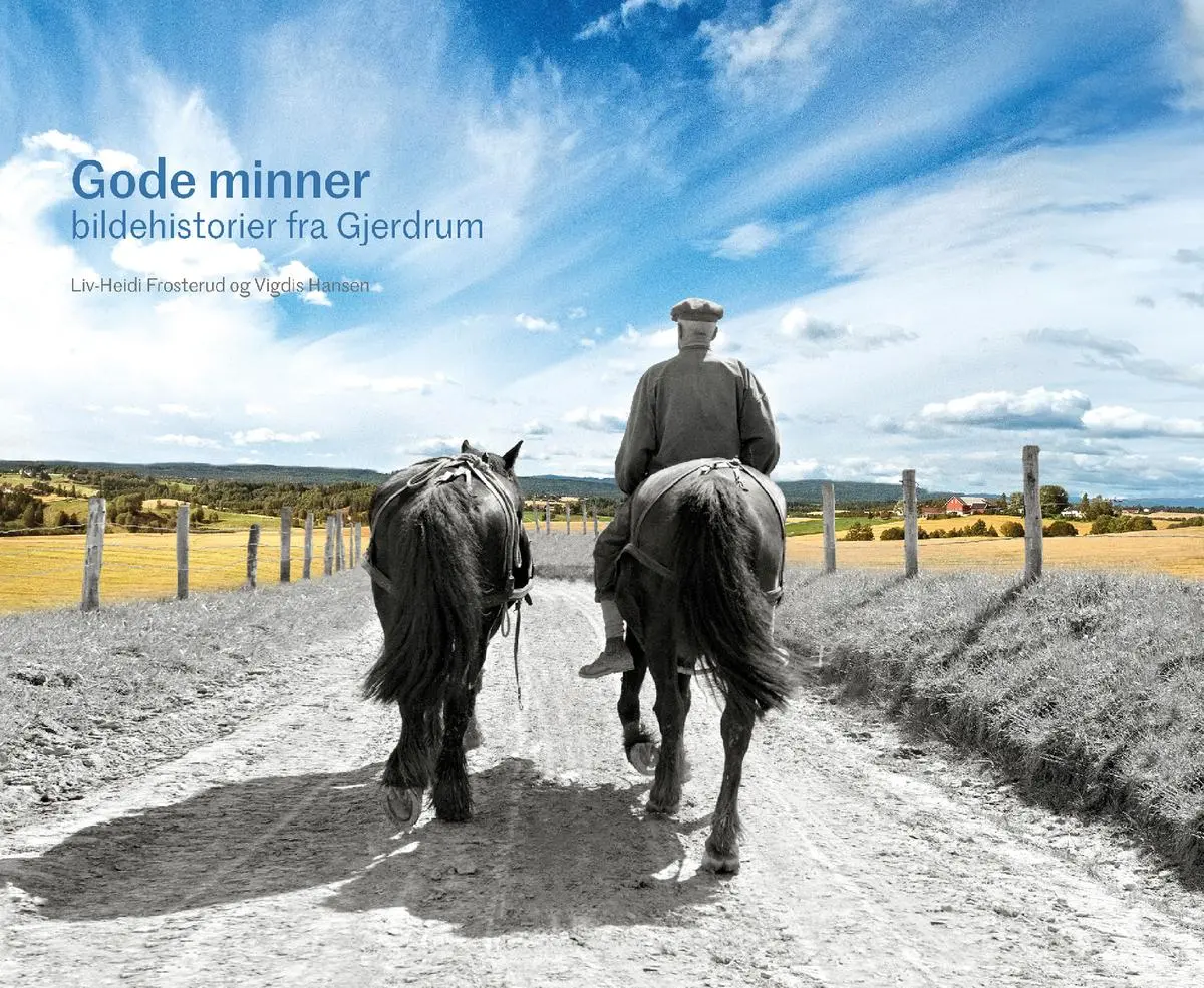 Bokforside som inneholder fotografi av to hester og en mann som rir på en veien.