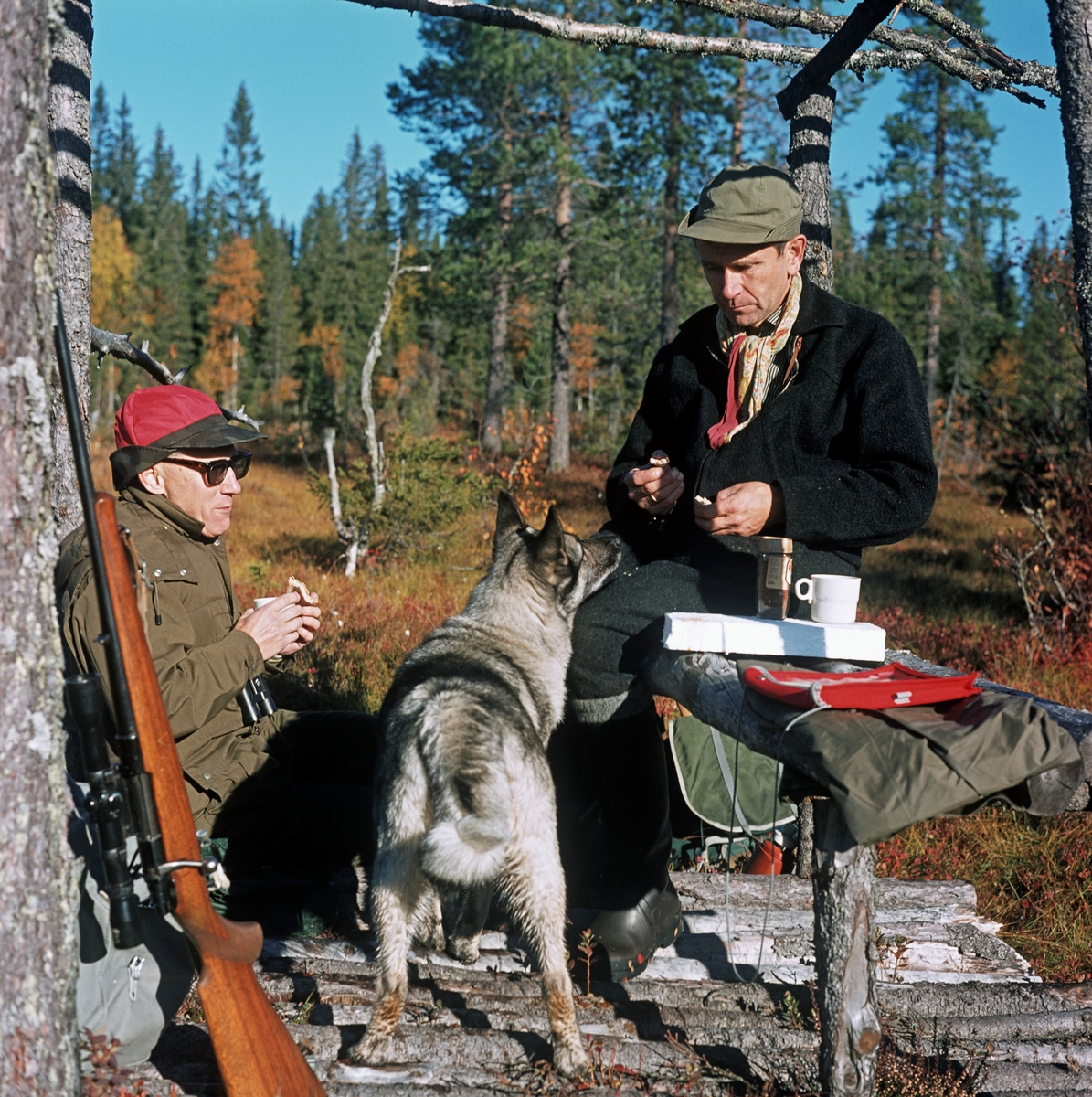 To elgjegere nyter kaffe og brødmat på en elgpost i myrlandskapet i Slemdalen i Åmot i Hedmark.  Jegeren til venstre satt på et underlag av granrajer med ryggen mot en furustamme, mens jaktkameraten til høyre satt på en benk.  Mellom karene sto en elghund  som viste stor interesse for maten.  Et haglegevær sto reist mot en furustamme til venstre i bildet.  Mannen til høyre er Knut Torp. Torp var utdannet forstkandidat (1954), og arbeidet først som skogsjef for firmaet And. H. Kiær & co., seinere for A/S Borregaard, som overtok Kiær-skogene i tillegg til de skogene Borregaard eide fra før.  Torp på denne måten ble Knut Torp fra 1963 skogsjef for arealer på bortimot en million mål fordelt på fire fylker, med Elverum som kontorsted.  Hver høst inviterte han kolleger og enkelte av arbeidsgivers forretningsforbindelser på jakt i noen av disse skogene.

Elgjakt. Storviltjakt. Jeger. Elgjeger.