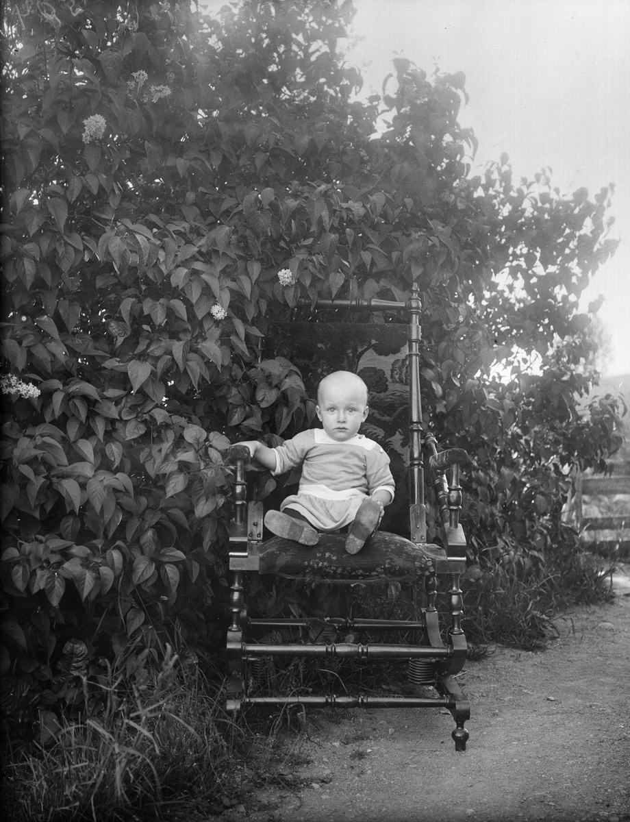 Spädbarn i gungstol i trädgård