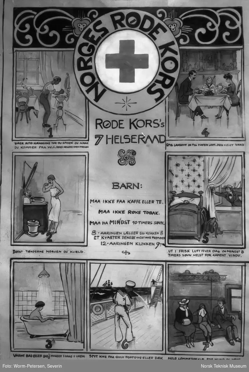 Plakat for Norges Røde Kors: "De 7 helsebud". Røde Kors utstilling i 1925.