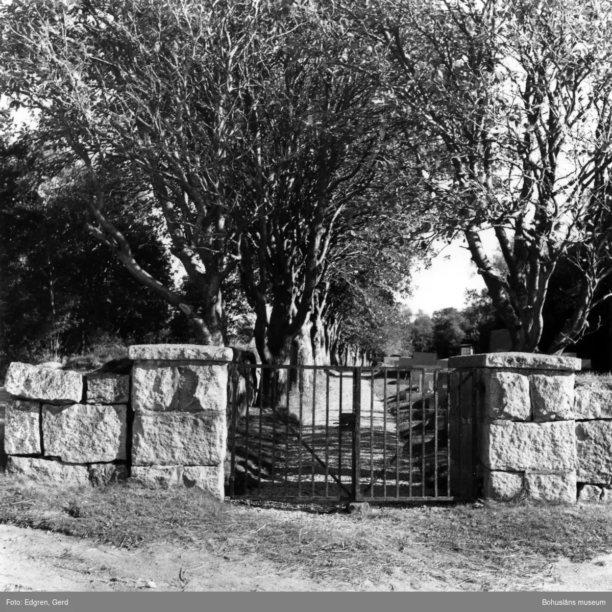Text till bilden:"Flatö kapell. Ingången till begravningsplatsen. Utanför muren löper en väg".
