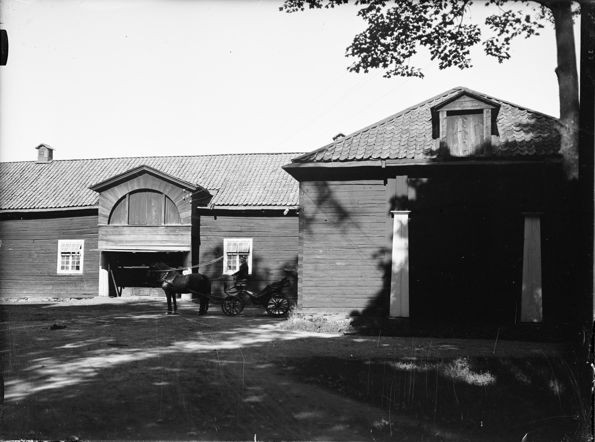Hästskjuts vid stall, Sätuna gård, Björklinge socken, Uppland 1930