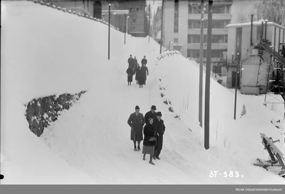 Kronprinsparets besøker Vemork anlegget. Mennesker går ned fra anlegget langs veien i snøen.