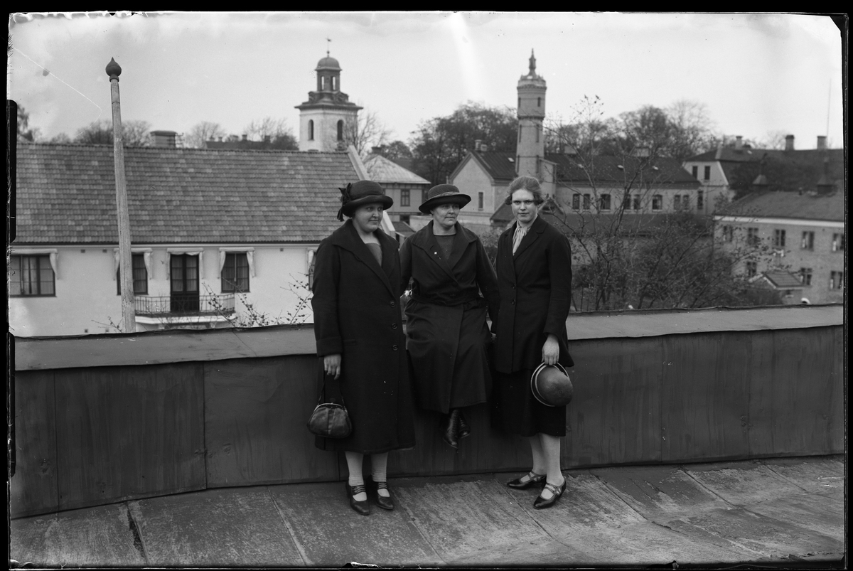 Tre kvinnor porträtterade på en balkong eller en takterrass. Den äldre kvinnan sitter på räcket och håller om de yngre som står på var sida om henne. I bakgrunden syns stadskyrkans torn och Väktaregårdens slangtorn. I fotografens egna anteckningar står det "Fru Johansson med dotter".